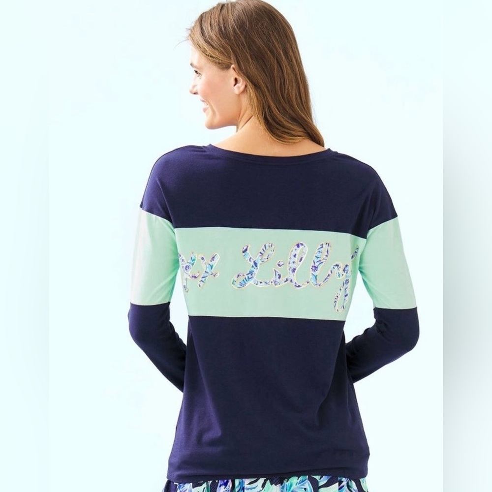 Lilly Pulitzer Finn Long Sleeve Top High Maintenance Resort Aqua Navy Sz M